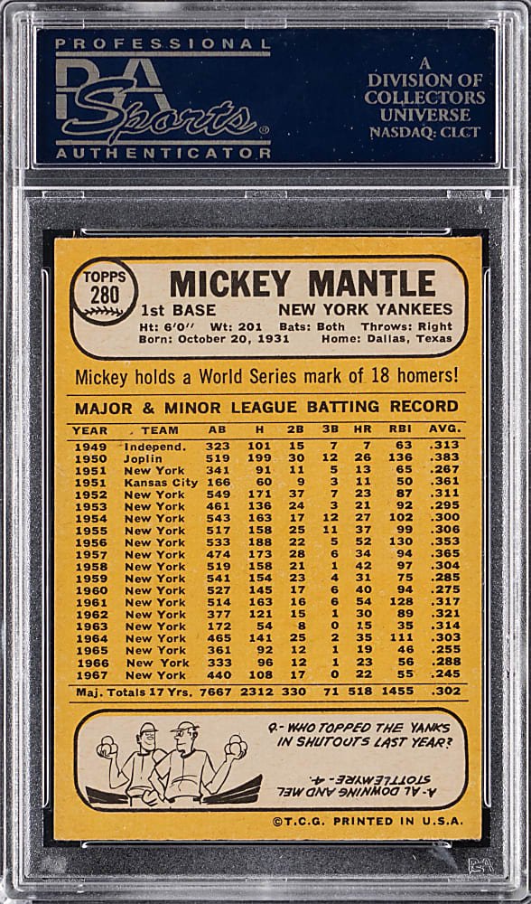 1968 Topps #280 Mickey Mantle PSA NM 7