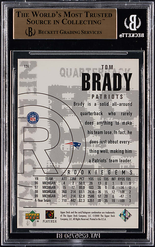 2000 Upper Deck Black Diamond Football #126 Tom Brady Rookie BGS GEM MINT 9.5