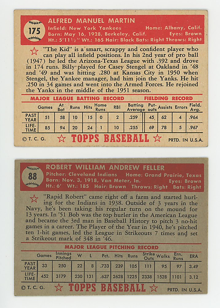 1952 Topps Collection (54) with #88 Bob Feller & #175 Billy Martin Rookie