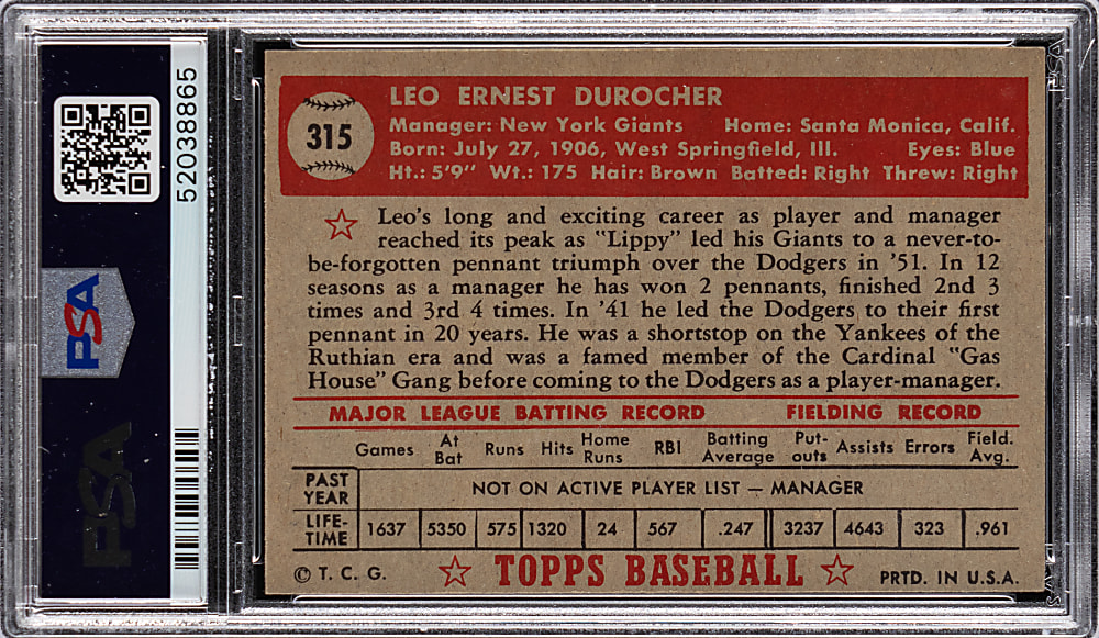 1952 Topps #315 Leo Durocher High Number PSA EX-MT 6