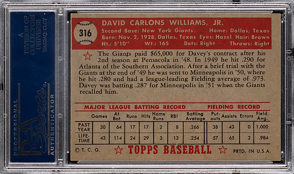 1952 Topps #316 Davey Williams High Number PSA EX-MT 6