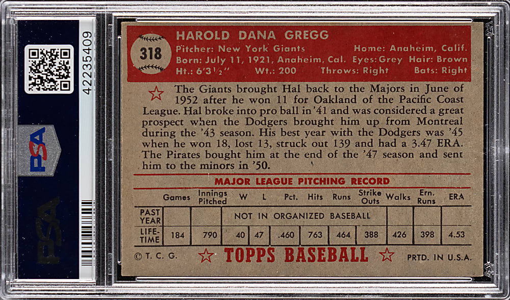 1952 Topps #318 Hal Gregg High Number PSA EX-MT 6