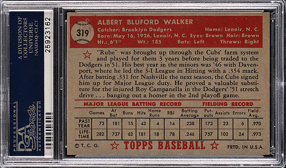 1952 Topps #319 Al Walker High Number PSA EX-MT 6