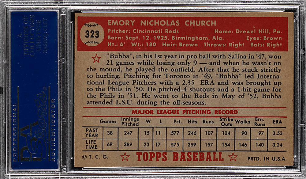 1952 Topps #323 Bubba Church High Number PSA EX 5