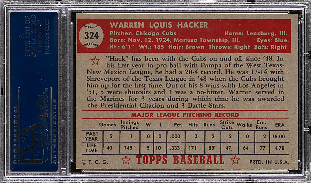 1952 Topps #324 Warren Hacker High Number PSA EX 5