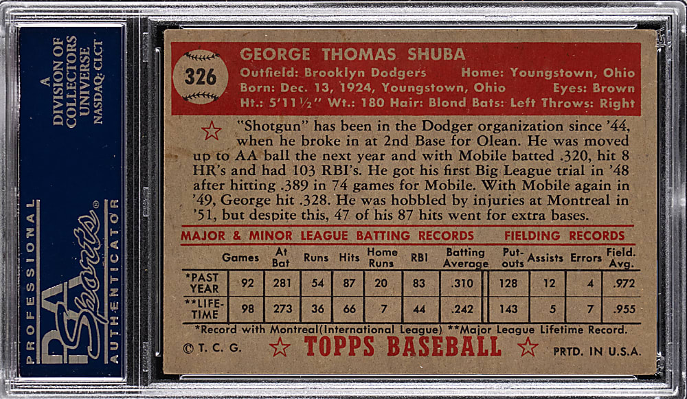 1952 Topps #326 George Shuba Rookie High Number PSA EX 5