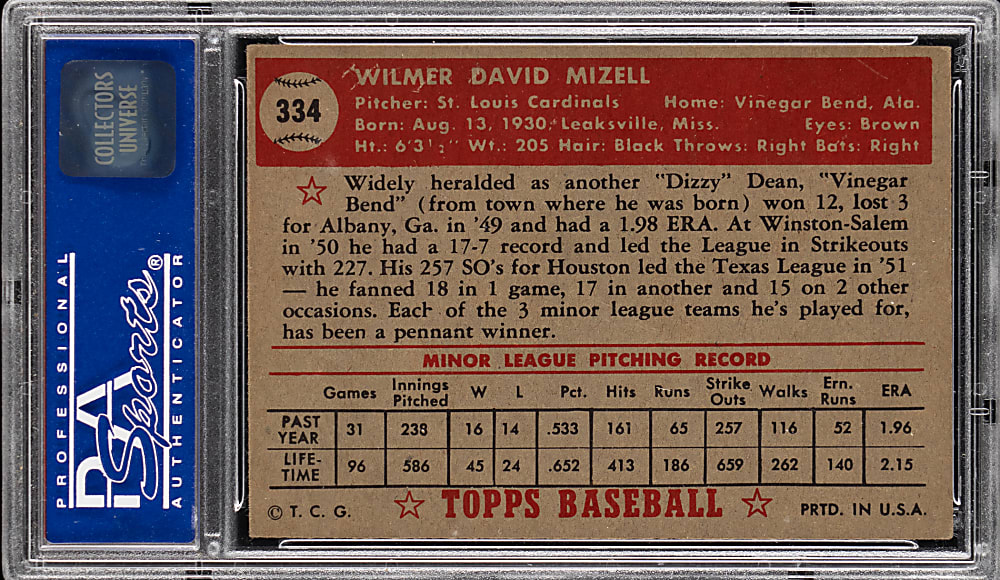1952 Topps #334 Wilmer Mizell High Number PSA EX 5