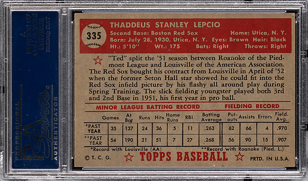 1952 Topps #335 Ted Lepcio High Number PSA EX-MT 6
