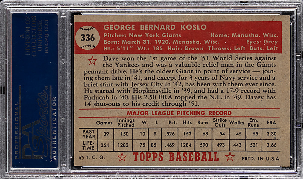 1952 Topps #336 Dave Koslo High Number PSA EX-MT 6