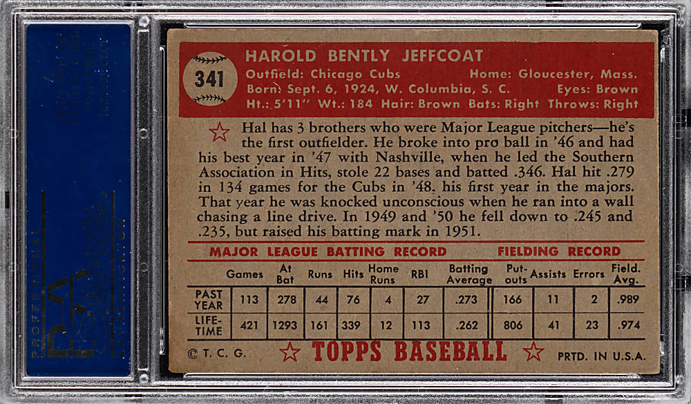 1952 Topps #341 Hal Jeffcoat High Number PSA EX 5