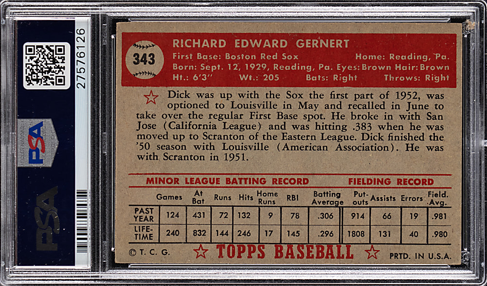 1952 Topps #343 Dick Gernert High Number PSA EX 5