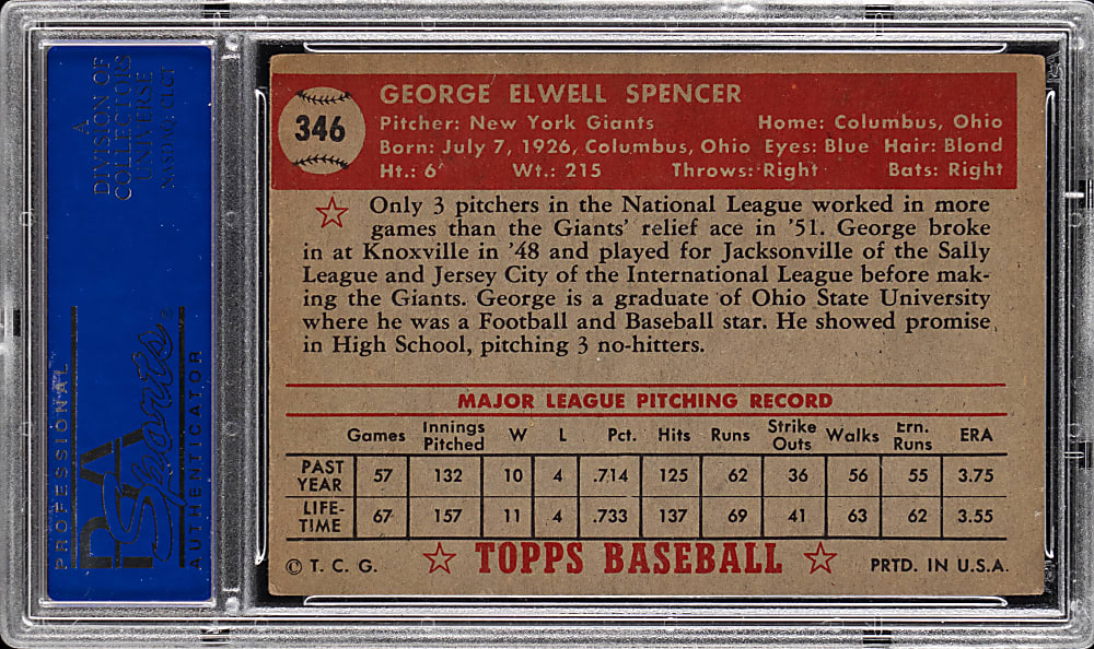 1952 Topps #346 George Spencer High Number PSA EX 5