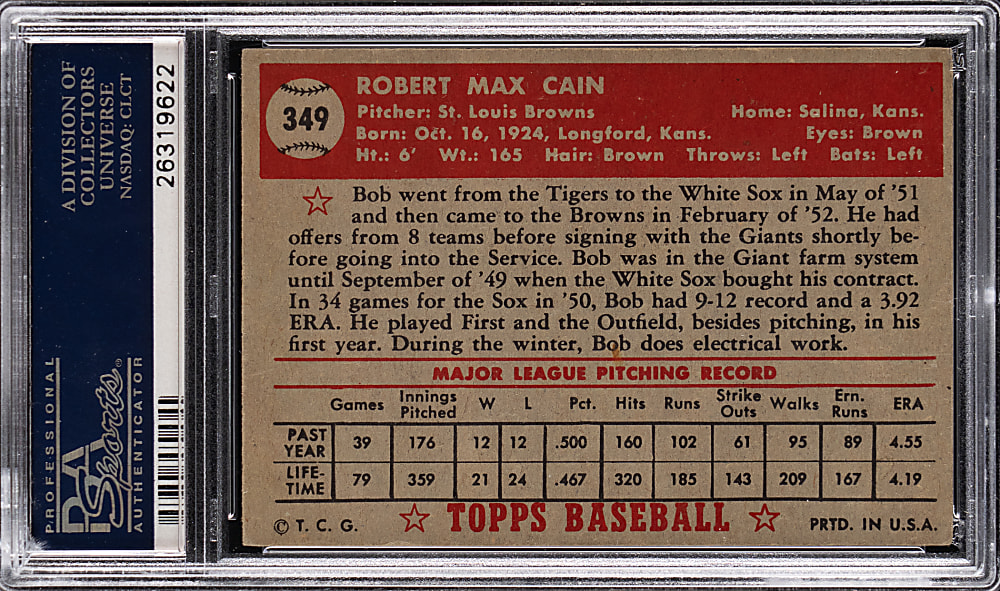 1952 Topps #349 Bob Cain High Number PSA EX+ 5.5
