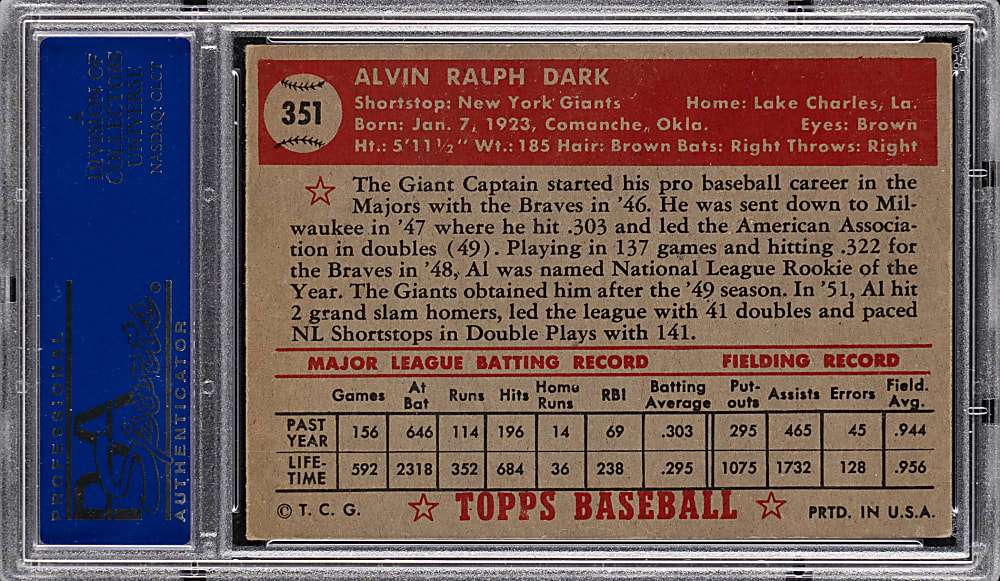 1952 Topps #351 Al Dark High Number PSA EX 5