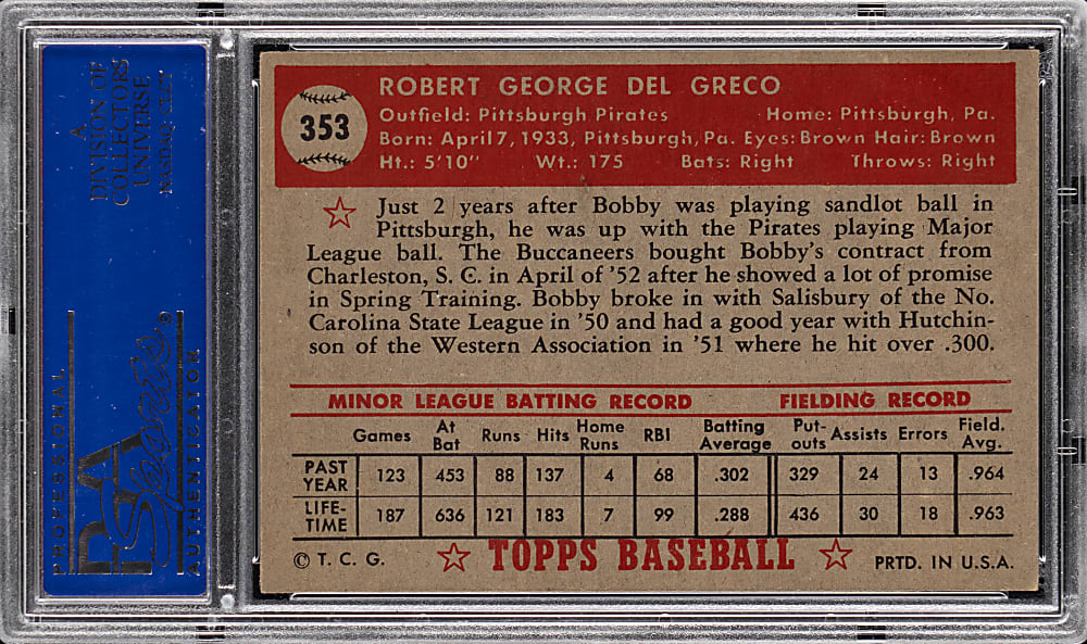 1952 Topps #353 Bob Del Greco High Number PSA EX 5