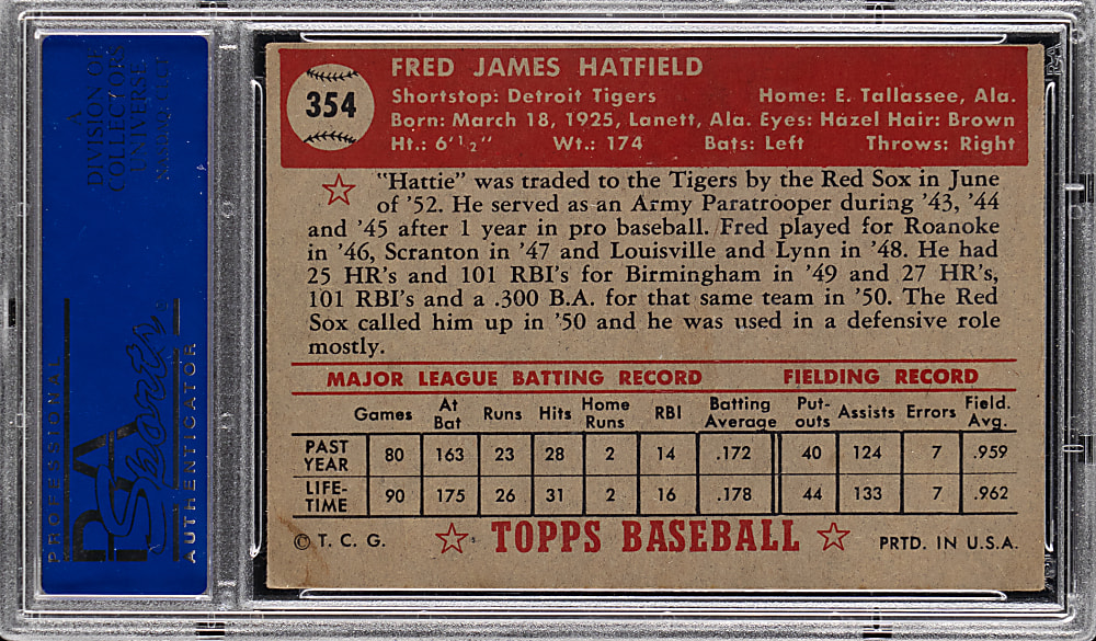 1952 Topps #354 Fred Hatfield High Number PSA EX 5