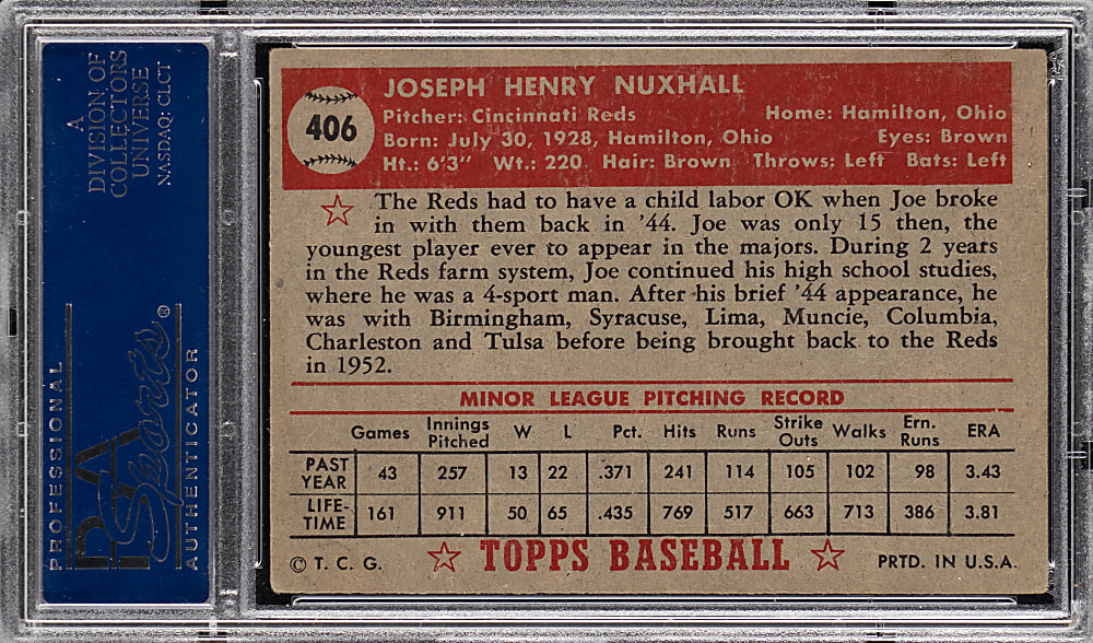 1952 Topps #406 Joe Nuxhall Rookie High Number PSA VG-EX 4