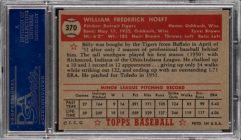 1952 Topps #370 Billy Hoeft High Number PSA EX 5