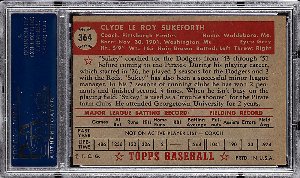 1952 Topps #364 Clyde Sukeforth High Number PSA EX 5
