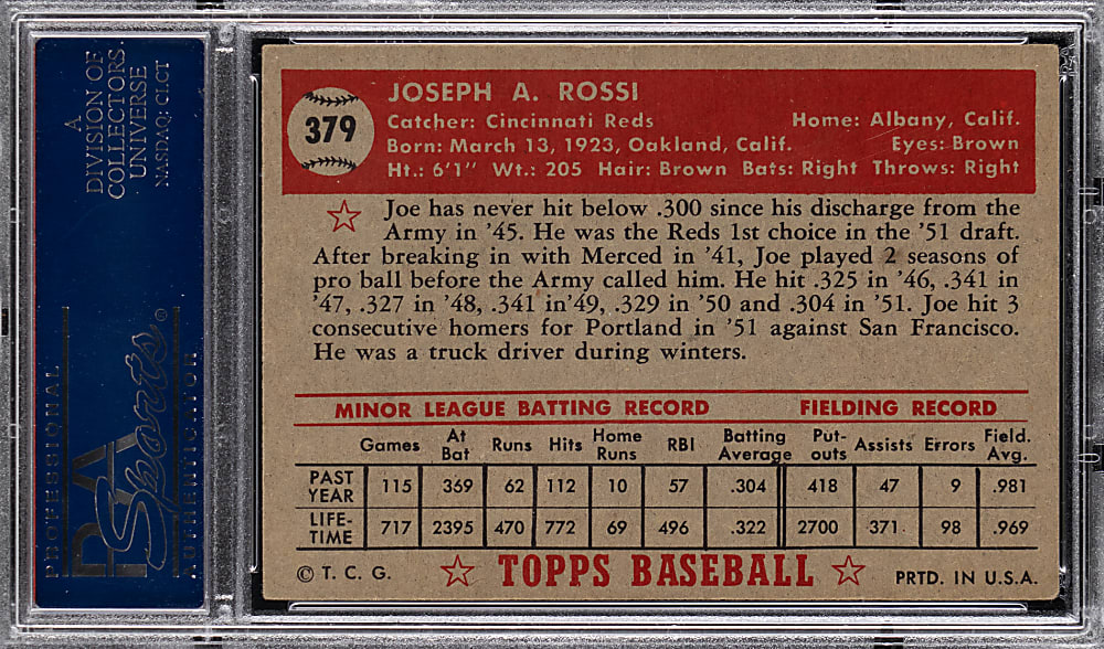 1952 Topps #379 Joe Rossi High Number PSA EX 5