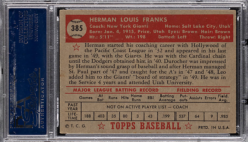 1952 Topps #385 Herman Franks High Number PSA EX 5