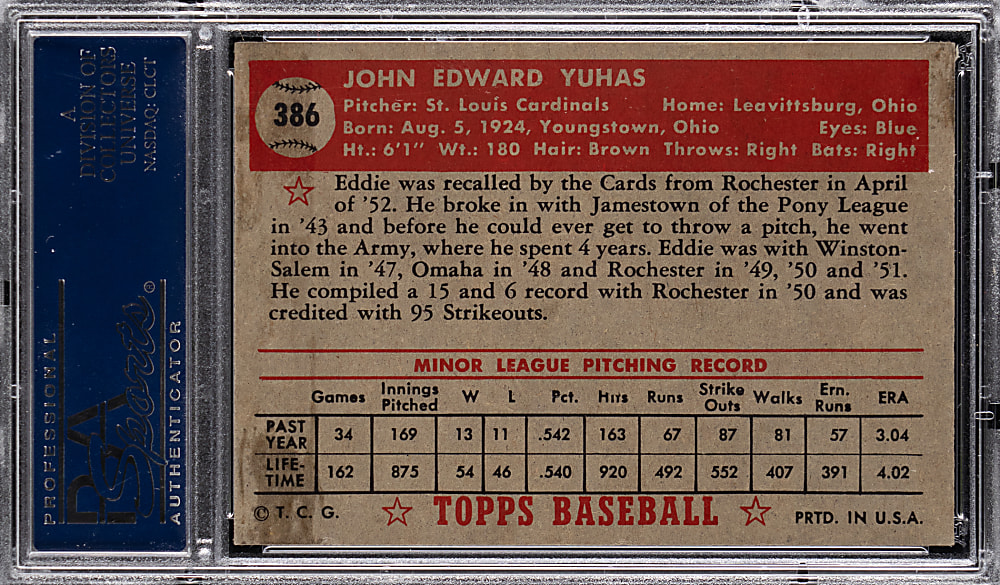 1952 Topps #386 Eddie Yuhas High Number PSA VG-EX 4