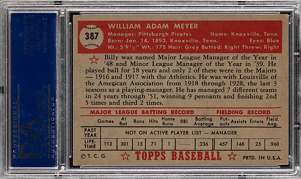 1952 Topps #387 Billy Meyer High Number PSA EX 5