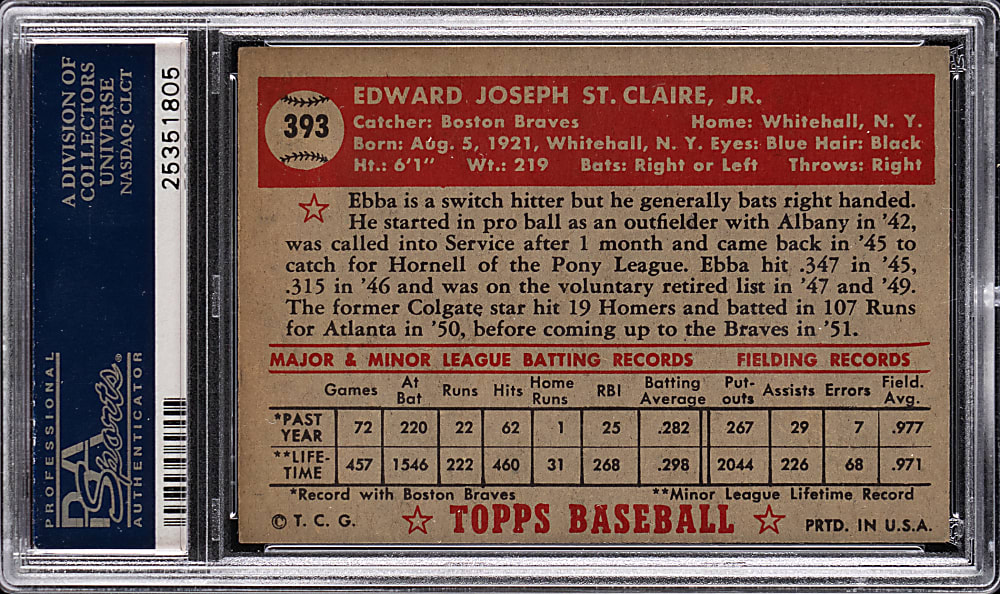 1952 Topps #393 Ebba St. Claire High Number PSA EX 5