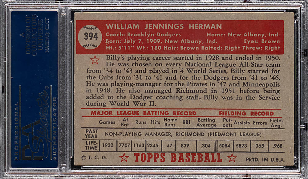 1952 Topps #394 Billy Herman High Number PSA VG-EX 4