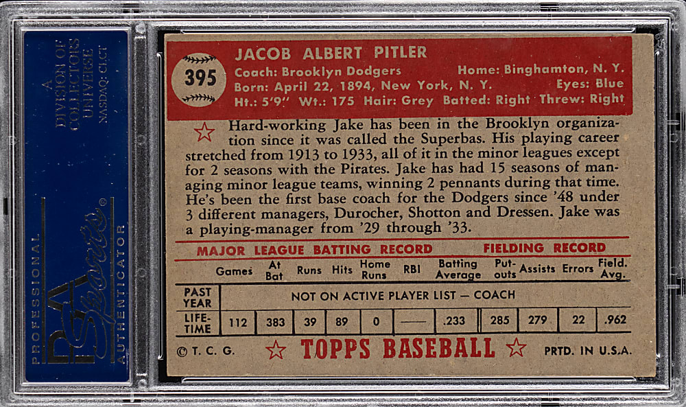 1952 Topps #395 Jake Pitler High Number PSA VG-EX 4