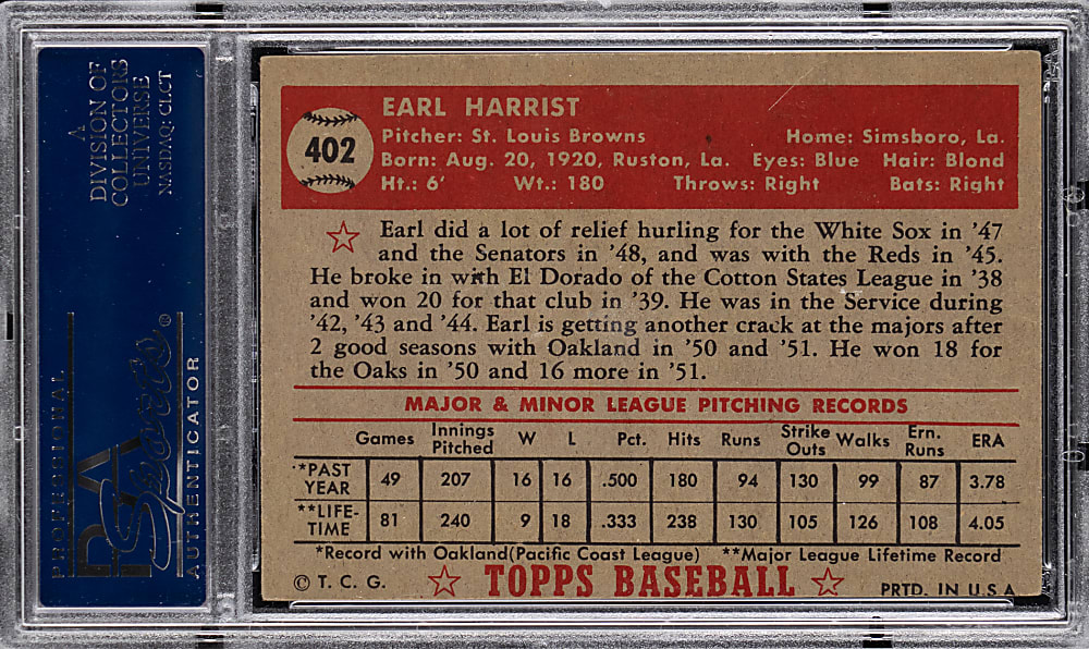 1952 Topps #402 Earl Harrist High Number PSA EX 5