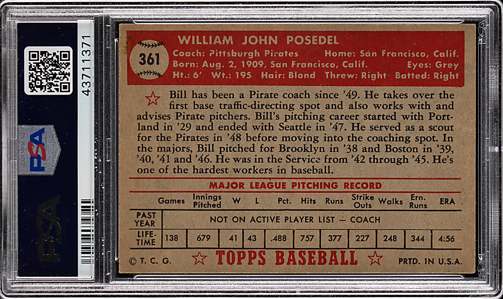 1952 Topps #361 Bill Posedel High Number PSA EX 5