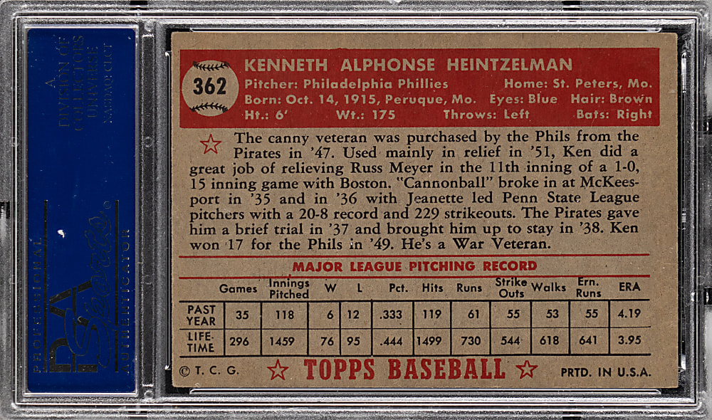 1952 Topps #362 Ken Heintzelman High Number PSA EX 5