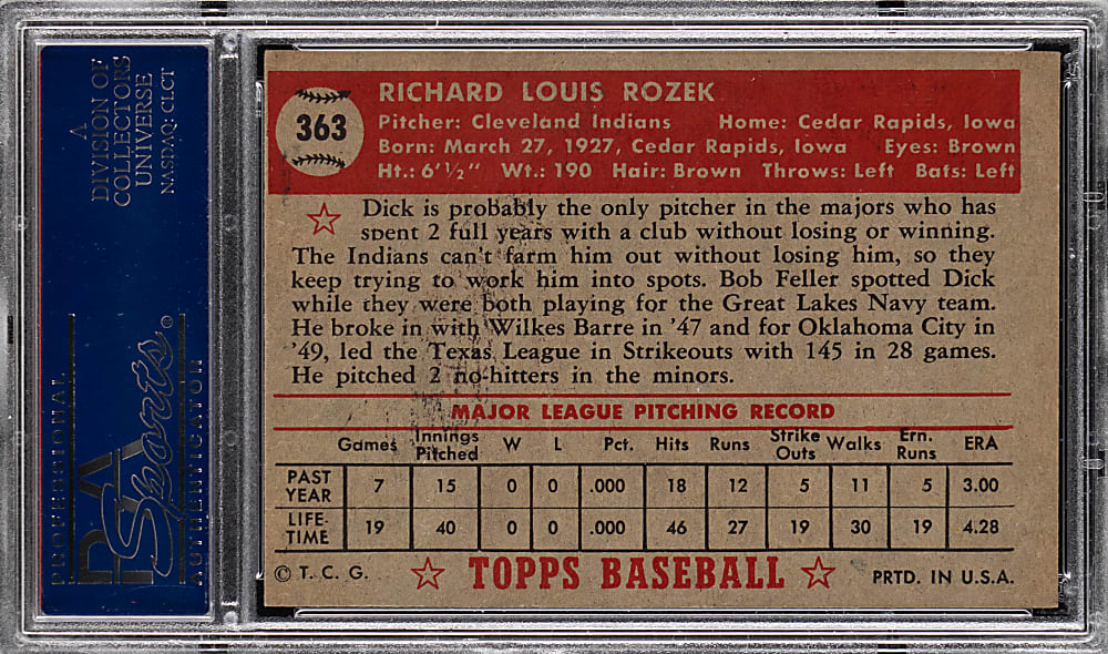 1952 Topps #363 Dick Rozek High Number PSA EX 5