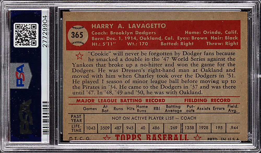 1952 Topps #365 Cookie Lavagetto High Number PSA EX 5