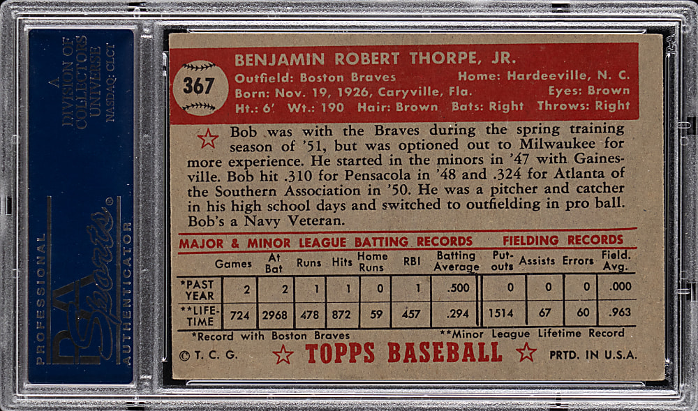 1952 Topps #367 Bob Thorpe High Number PSA EX 5