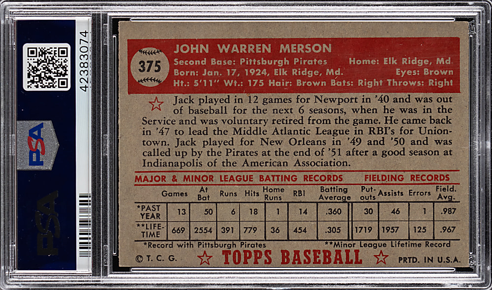 1952 Topps #375 Jack Merson High Number PSA EX-MT 6