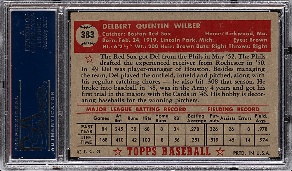 1952 Topps #383 Del Wilber High Number PSA EX+ 5.5