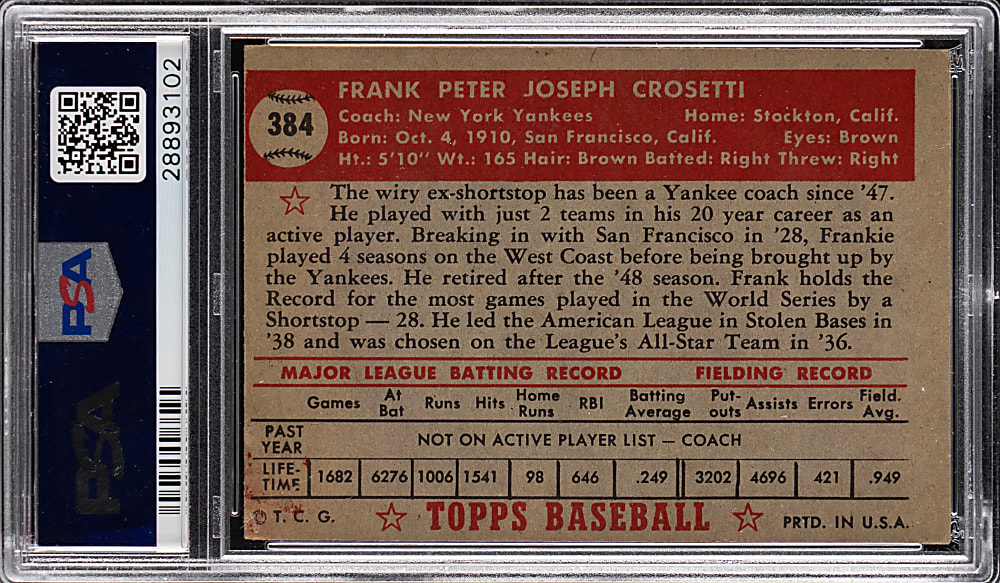 1952 Topps #384 Frank Crosetti High Number PSA VG-EX 4