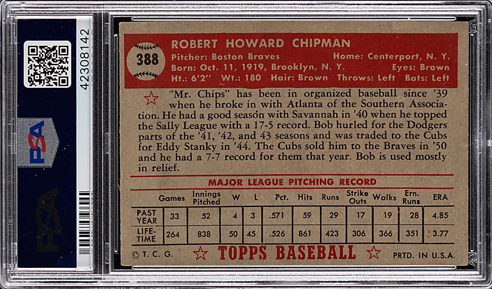 1952 Topps #388 Bob Chipman High Number PSA EX 5