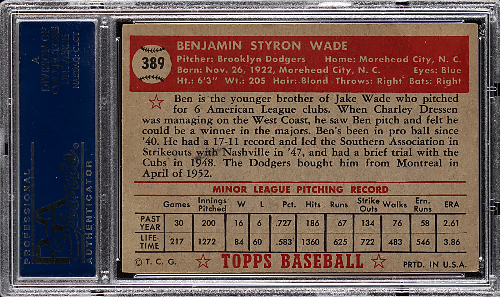 1952 Topps #389 Ben Wade High Number PSA EX 5