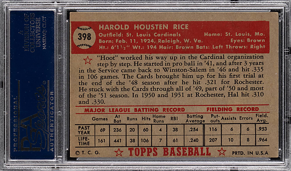 1952 Topps #398 Hal Rice High Number PSA EX 5