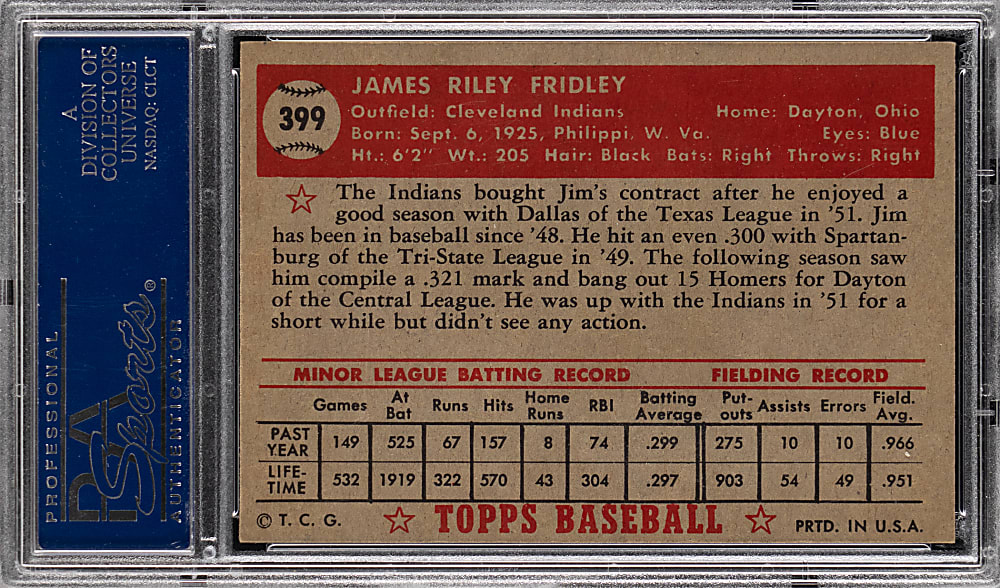 1952 Topps #399 Jim Fridley High Number PSA EX 5