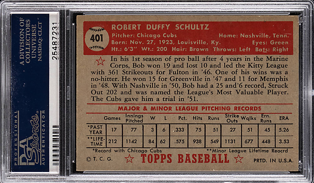1952 Topps #401 Bob Schultz High Number PSA EX 5