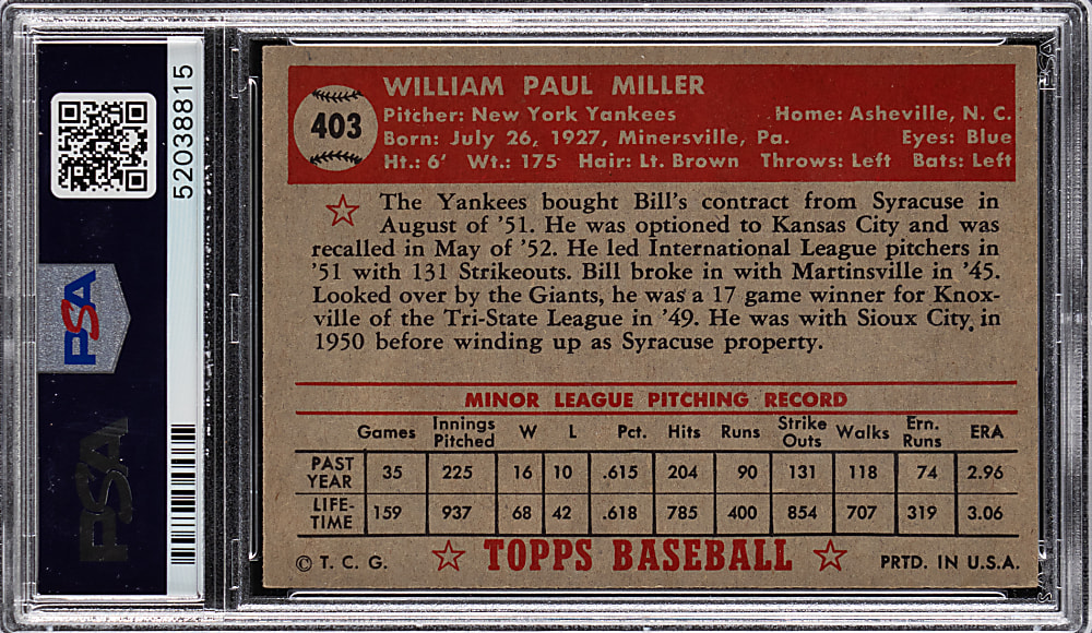 1952 Topps #403 Bill Miller High Number PSA VG-EX+ 4.5