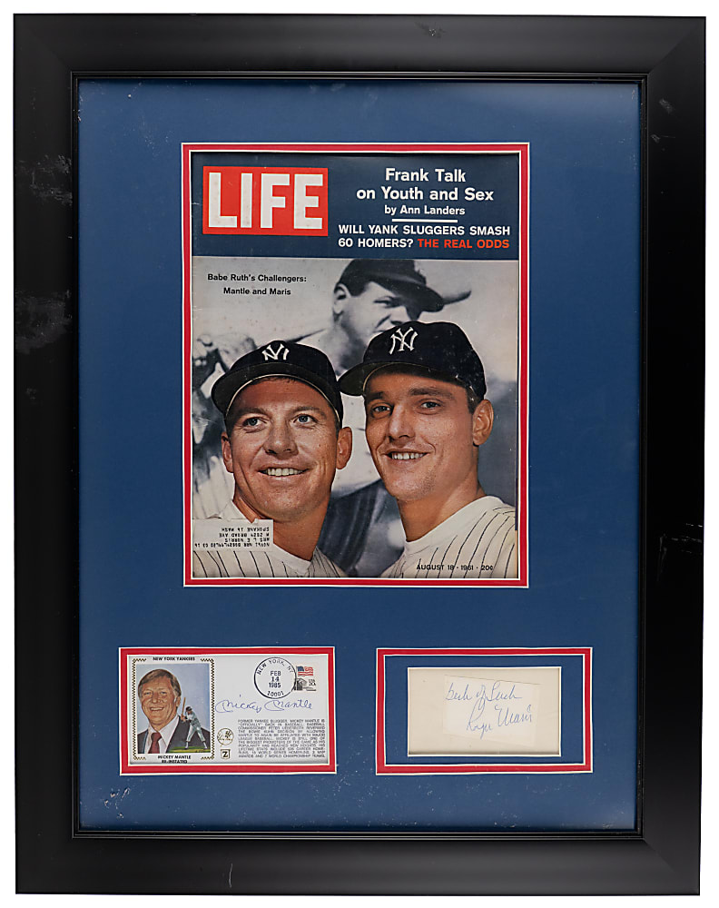 Mickey Mantle and Roger Maris Framed Display with Mantle Signed Cachet, Maris Cut Signature & 1961 Life Magazine