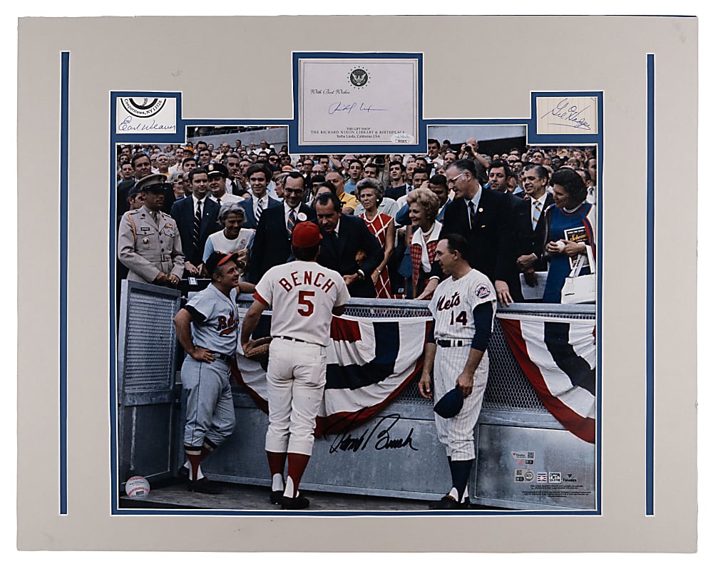 1970 All-Star Game First Pitch Multi-Signed Display with Richard Nixon, Johnny Bench, Gil Hodges & Earl Weaver - All Certified