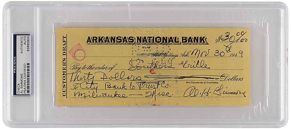 Signed 1949 Al Simmons Personal Check PSA Authentic