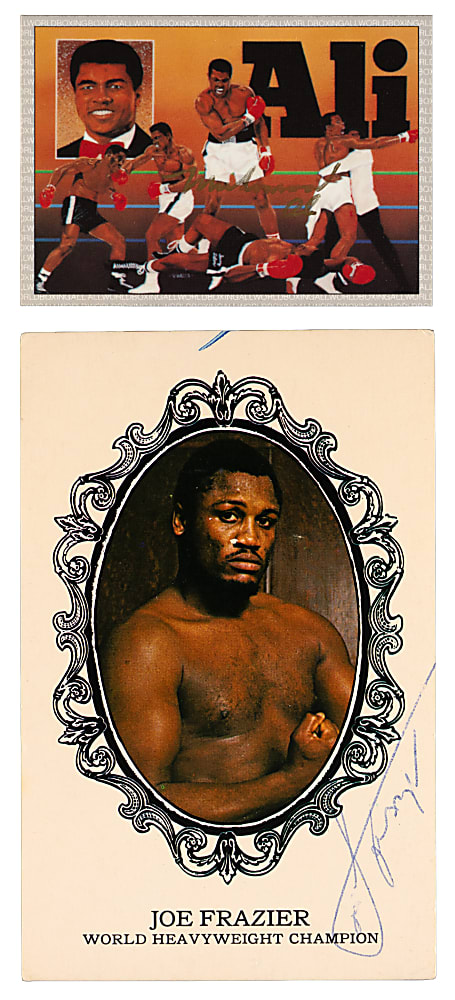 Muhammad Ali & Joe Frazier Signed Pair With Postcard & 1991 All World Boxing Card