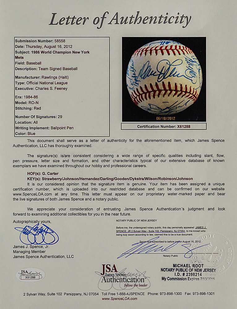 1986 World Champion New York Mets Team-Signed ONL/Feeney Baseball with (29) Signatures Plus Full JSA LOA - Period Signed!
